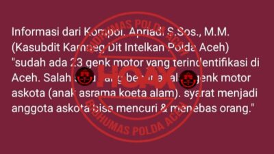 Polisi: Informasi Teridentifikasinya 23 Geng Motor di Aceh Dipastikan Hoaks