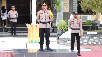 Kapolres Aceh Besar Pimpin Apel Pergeseran Personil Pengamanan TPS Pemilu Tahun 2024