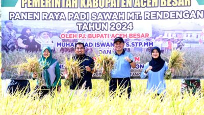 Pj Bupati Aceh Besar Bersama Danlanud SIM Panen Raya Padi di Blang Bintang