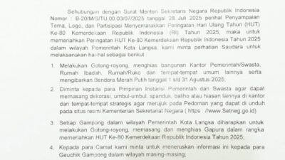 Semarakkan Peringatan HUT Ke-80 RI, Pemko Langsa Imbau Masyarakat Kibarkan Bendera Merah Putih