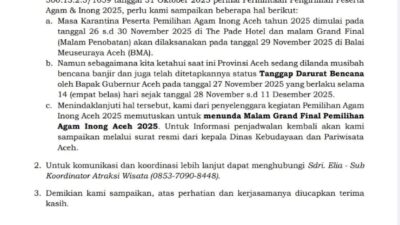 Malam Grand Final Pemilihan Agam Inong Aceh 2025 Ditunda